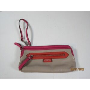 Coach Leather Wristlet Taupe Pink Orange Multi Pocket Zip Clutch Bag